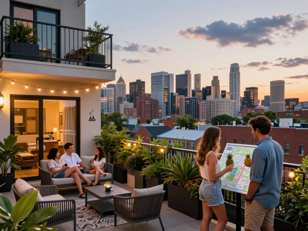 How much does an Airbnb host make in the UK? Stylish two-bedroom flat with a family enjoying the balcony view over a city skyline.