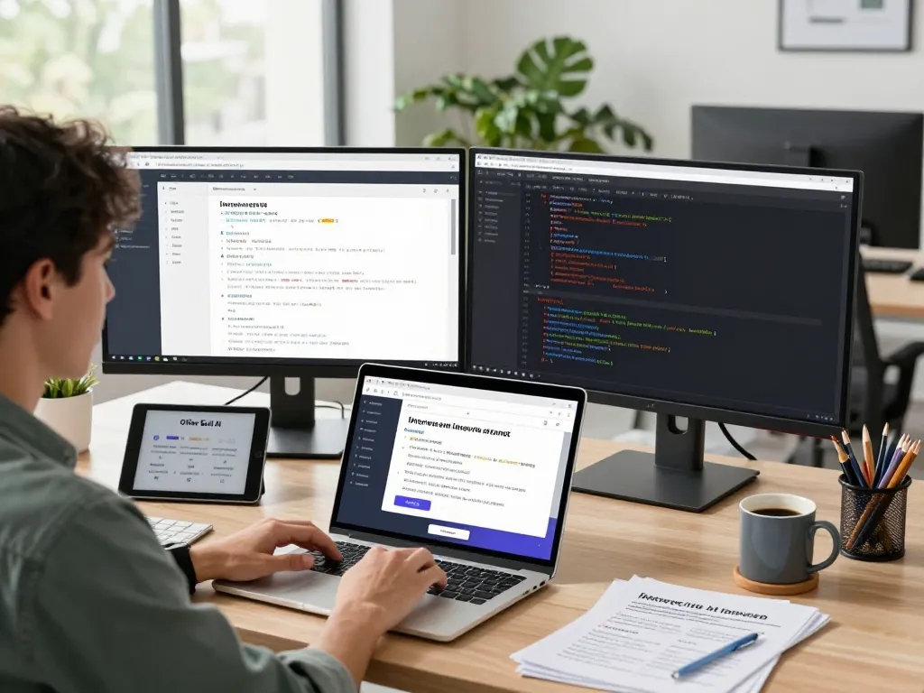 Professional workspace showing a developer using the ai interview assistant to prepare for job interviews.