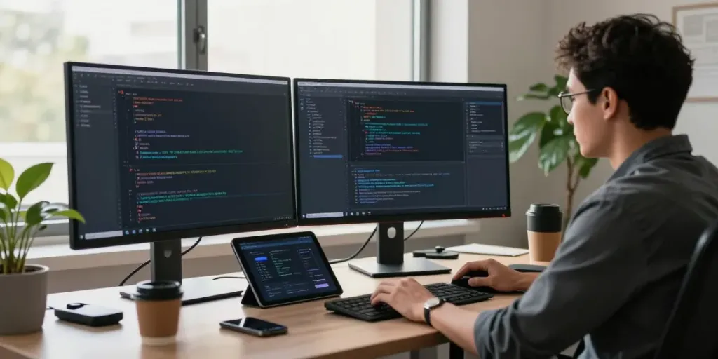 Developer integrating a multi-model API in a modern workspace with dual screens and tech gadgets.