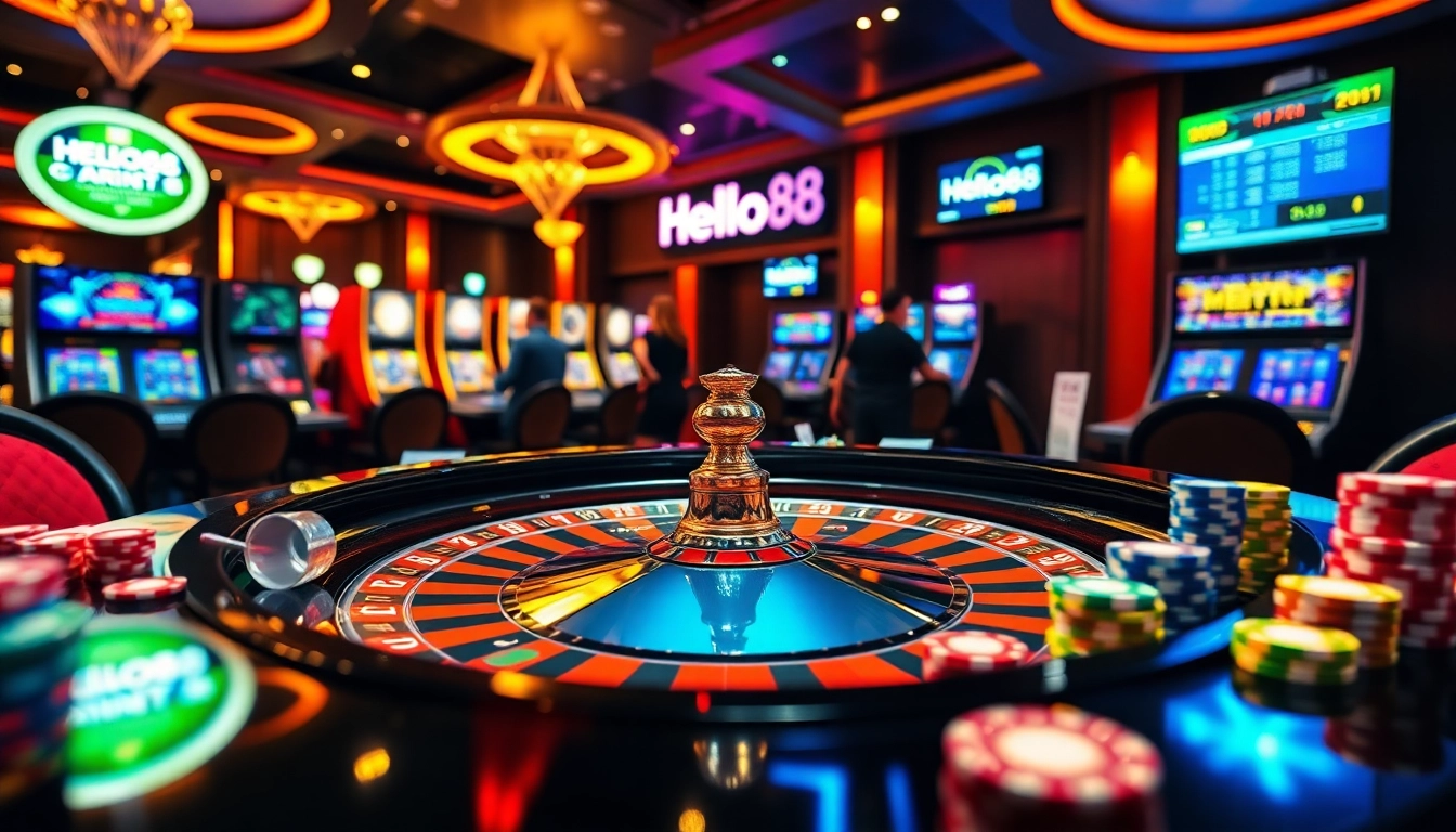 Hello88 gaming atmosphere with roulette, poker chips, and vibrant casino action.