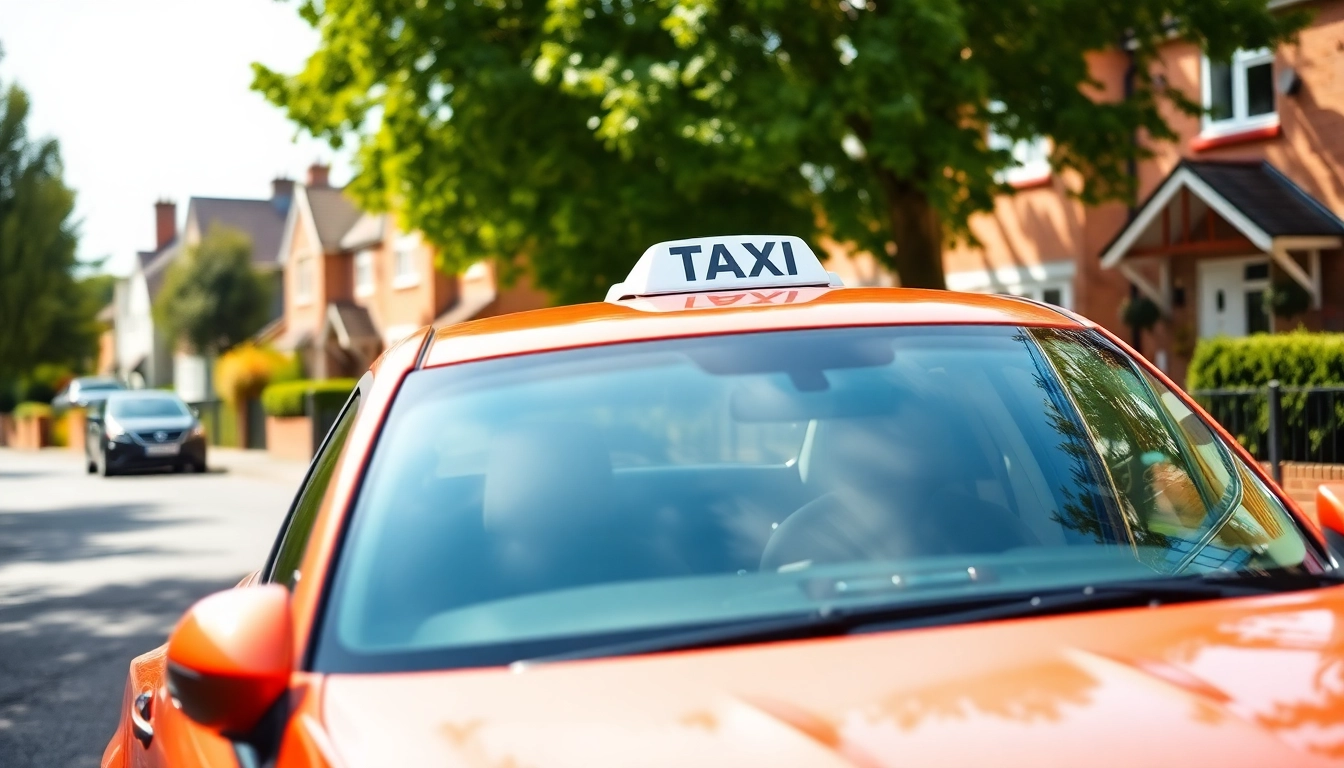 Taxi service in Hersham with a welcoming driver holding a sign on a scenic street.