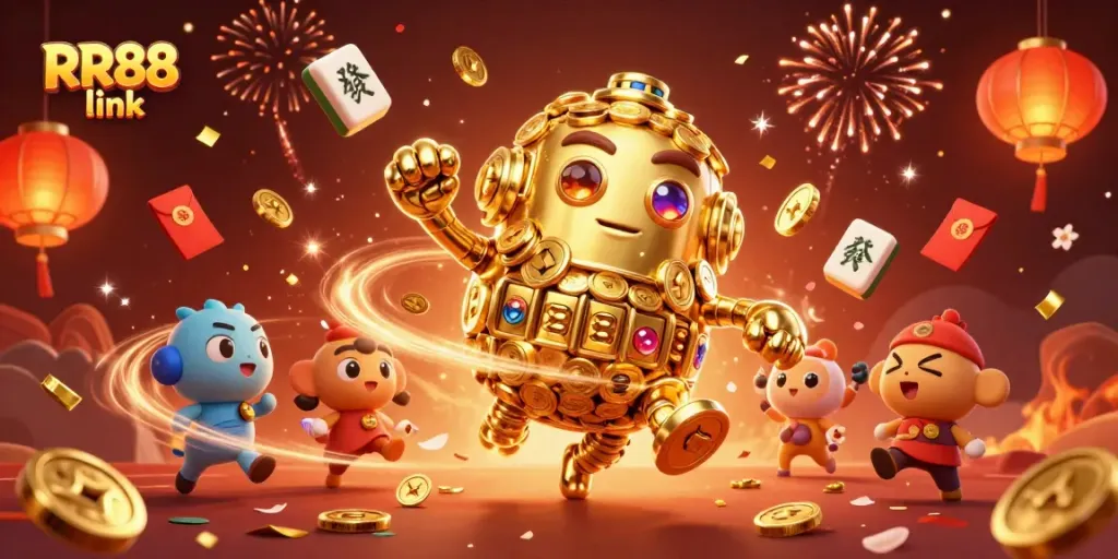 Engage with the thrilling experience at RR88 link, featuring a dynamic illustration of a golden golem amidst festive gambling elements.