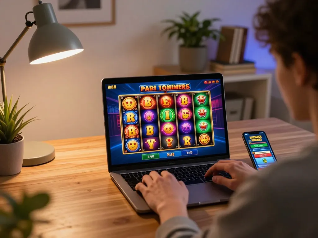 Bem88 player celebrating a big win while playing online slots on their laptop, showcasing excitement in a cozy home setting.