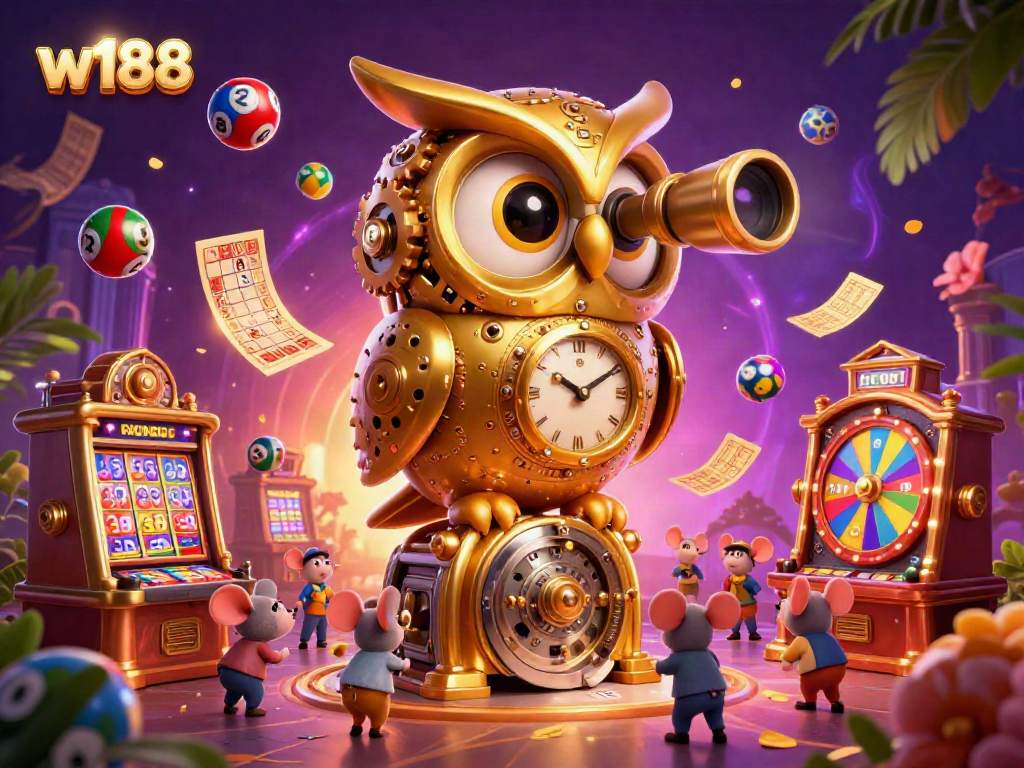 Experience the excitement of w188 with a dynamic casino scene, featuring a golden owl and lively game elements.