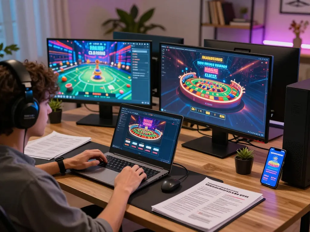 Engaging in game bài đổi thưởng uy tín while managing strategy notes on multiple screens in a cozy setup