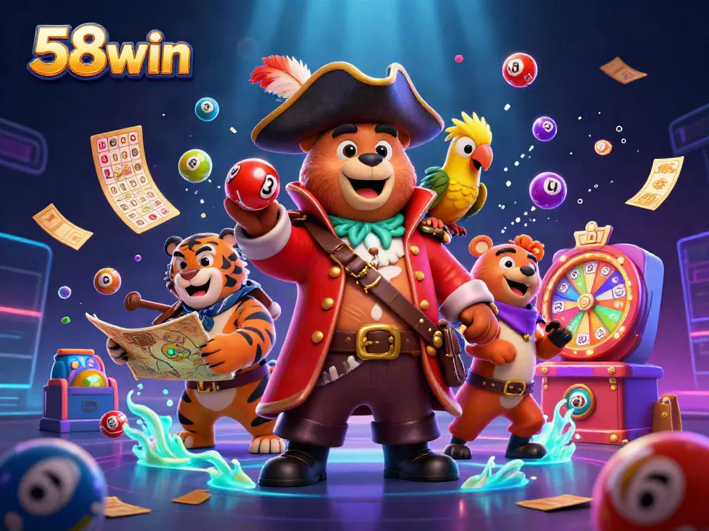 Experience the excitement of winning at 58win with vibrant characters and dynamic lottery elements.
