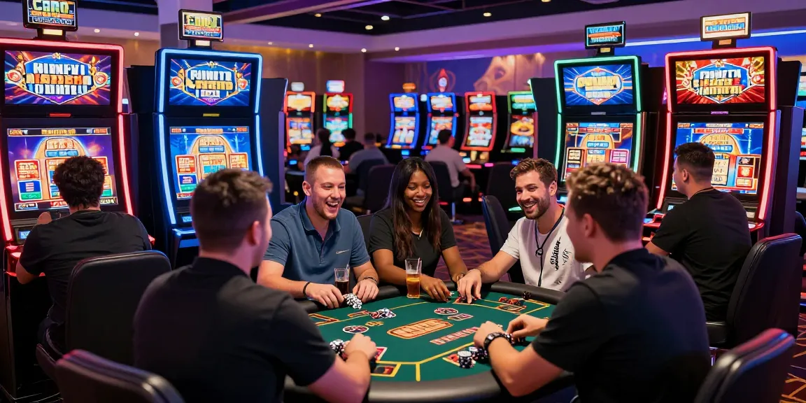 Exciting scene at credit card casinos featuring diverse players enjoying slot games and live dealer tables.