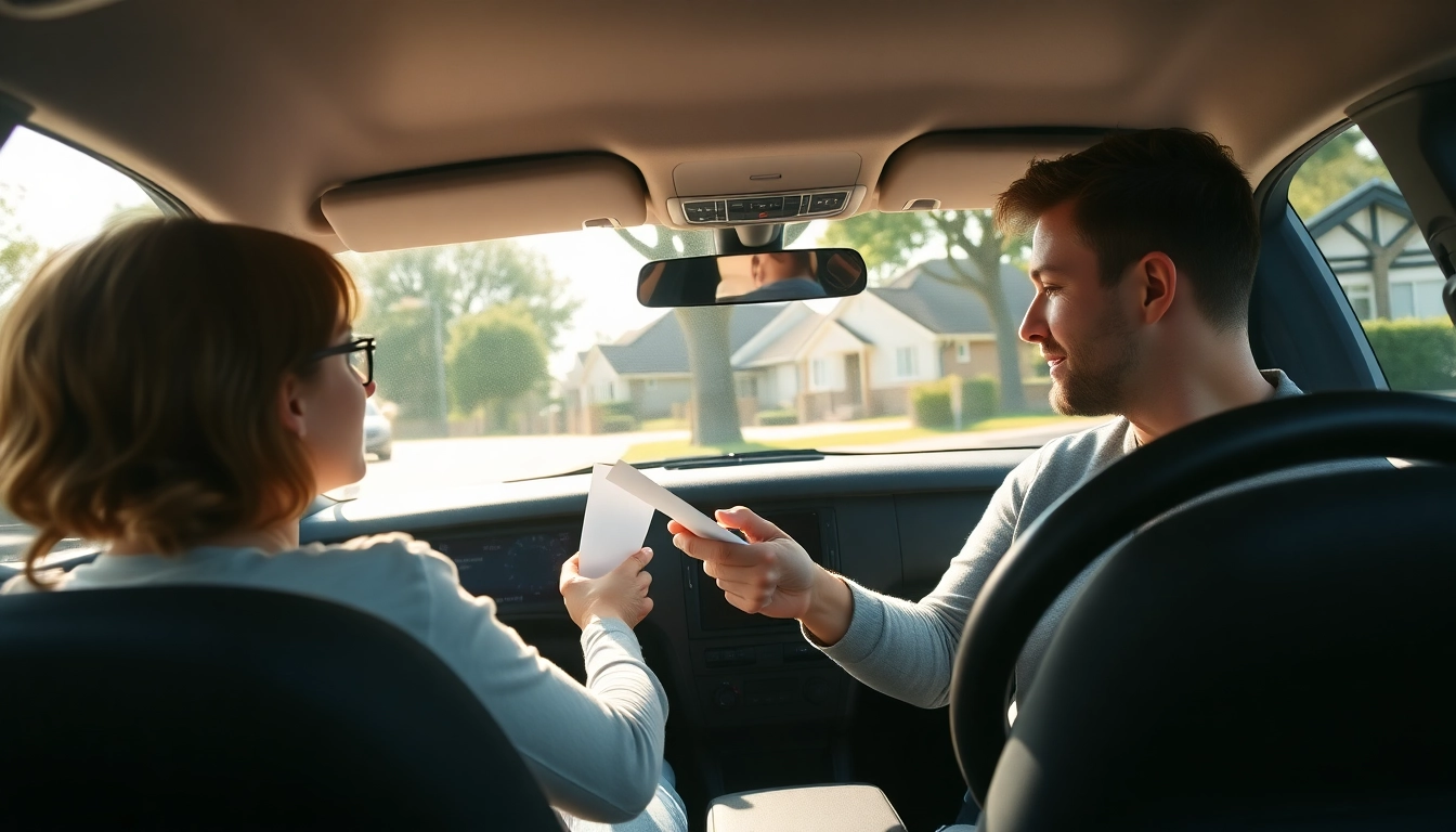 Engaging automatic driving lessons Guildford with an instructor teaching a learner in a bright setting.