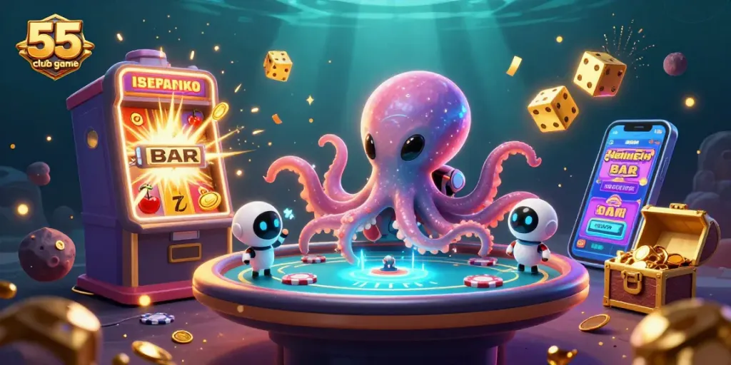 Experience thrills with the 55 club game; an alien octopus and lively robot enhance your gaming adventure at an underwater casino.