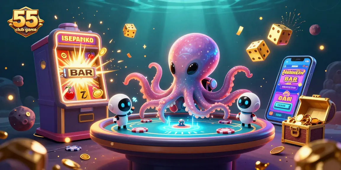 Experience thrills with the 55 club game; an alien octopus and lively robot enhance your gaming adventure at an underwater casino.