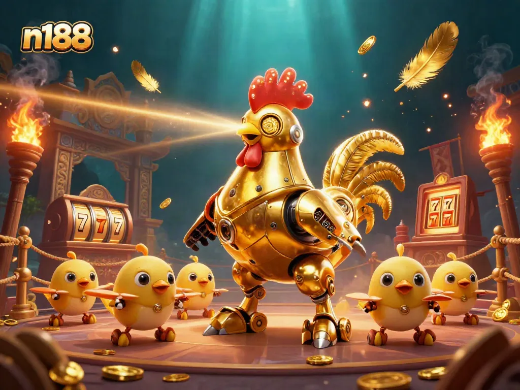 Engage with n188's thrilling betting action featuring a golden rooster robot in an explosive casino scene with dynamic game elements.