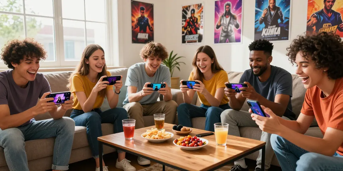 Friends enjoying a real porn game on mobile devices in a sunny living room scene.