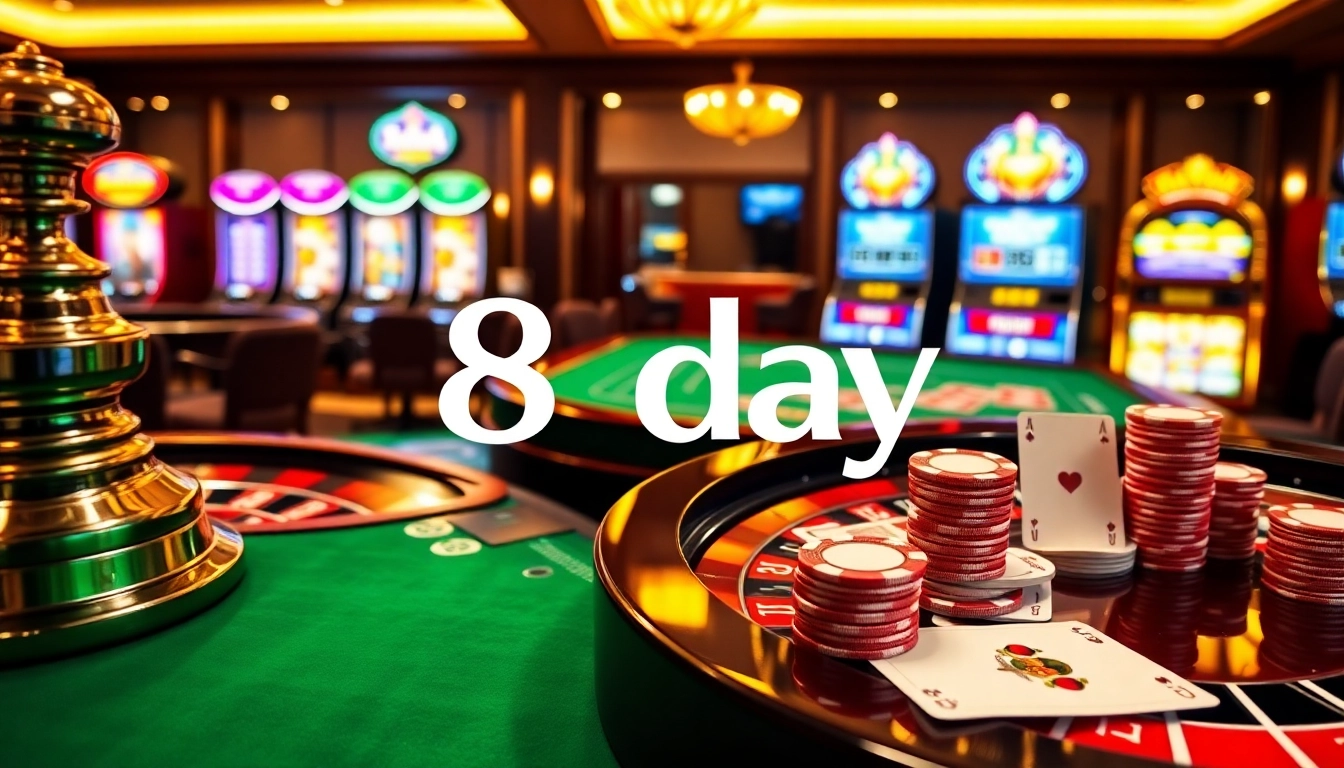 Experience the excitement of 8day at a luxurious casino table with vibrant poker action and roulette.