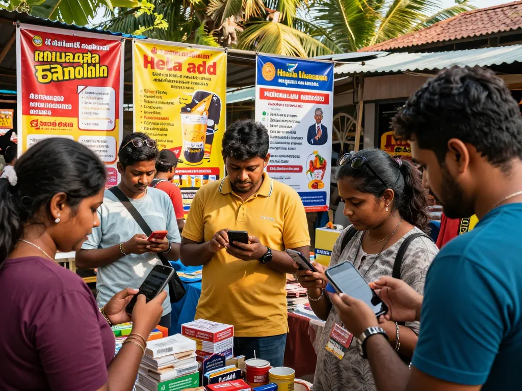 Browse vibrant Hela Add classifieds in a lively Sri Lankan marketplace, showcasing diverse individuals engaging with local ads.