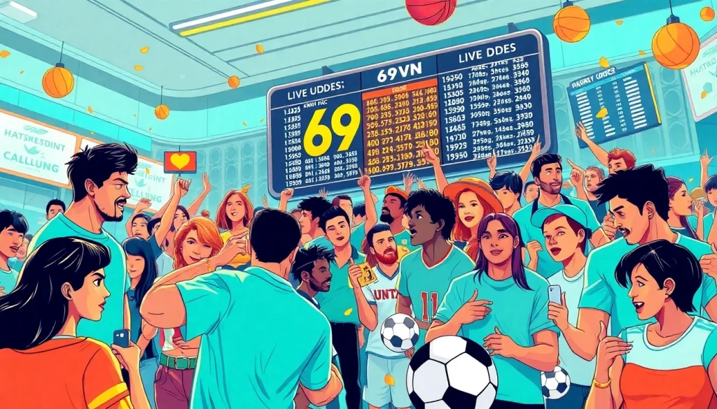 Sports betting excitement with diverse fans celebrating at 69VN's vibrant venue.