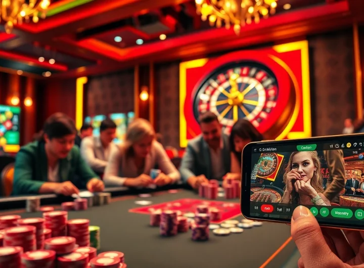 Experience the thrill of game bài đổi thưởng at a bustling casino table, where players engage in high-stakes poker.