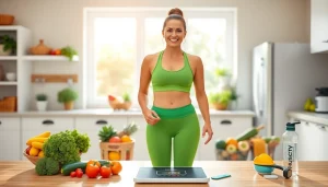 Person celebrating weight loss progress with fruits and vegetables in a sunny kitchen.