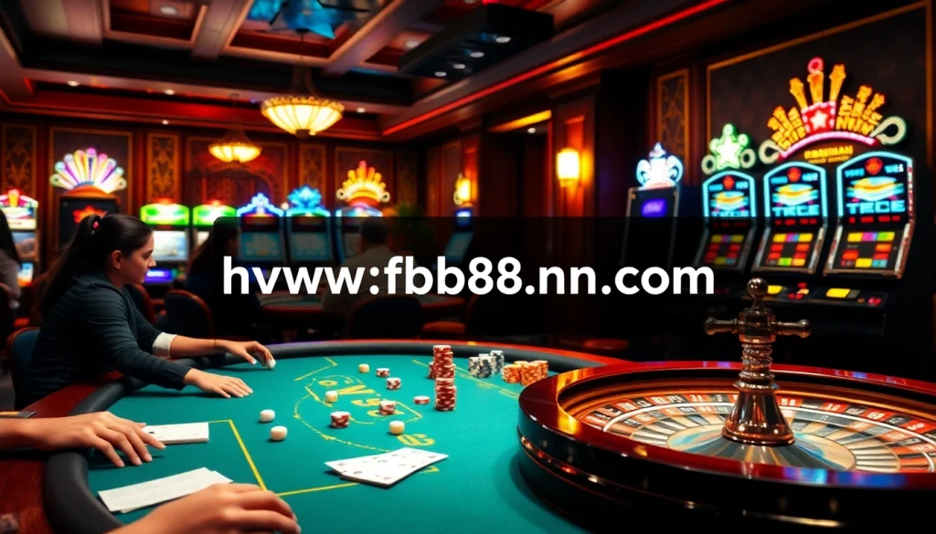 Experience the thrilling games at https://fb88nn.com/ with a vibrant casino scene showcasing players at a poker table.