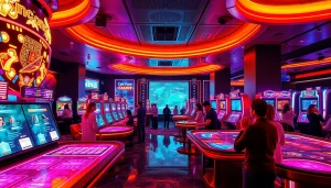 Experience New Technology in a futuristic casino with augmented reality gaming and vibrant neon lighting.