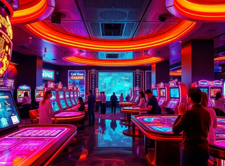 Experience New Technology in a futuristic casino with augmented reality gaming and vibrant neon lighting.