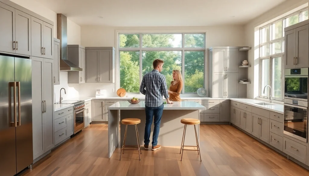 Kitchen remodeler facilitating a design discussion in a modern kitchen.