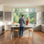 Kitchen remodeler facilitating a design discussion in a modern kitchen.