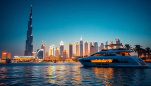 Explore the spectacular skyline of Dubai as you travel to Dubai, featuring the iconic Burj Khalifa and vibrant city lights.