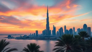 Experience the breathtaking skyline of Dubai at sunset, showcasing the city's iconic landmarks and inviting travel to Dubai.