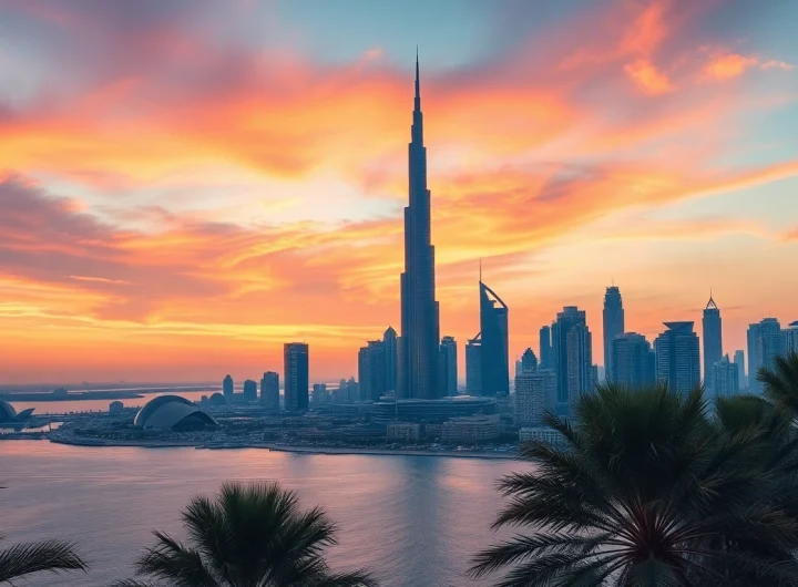 Experience the breathtaking skyline of Dubai at sunset, showcasing the city's iconic landmarks and inviting travel to Dubai.