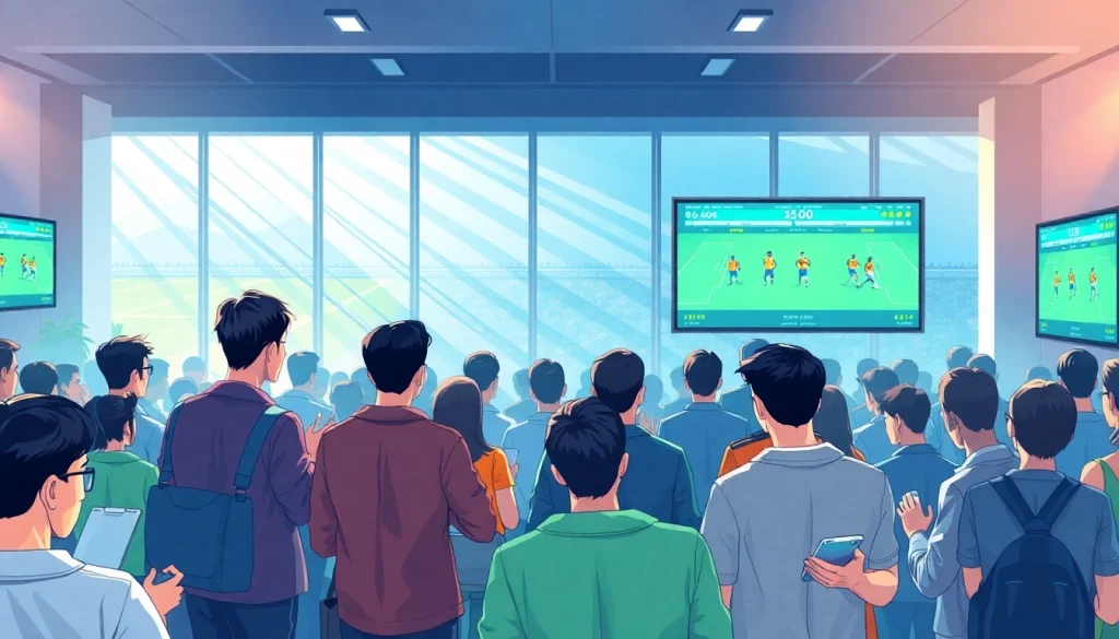 Focused patrons in a sports betting lounge studying tỷ lệ kèo, immersed in strategy.