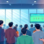 Focused patrons in a sports betting lounge studying tỷ lệ kèo, immersed in strategy.