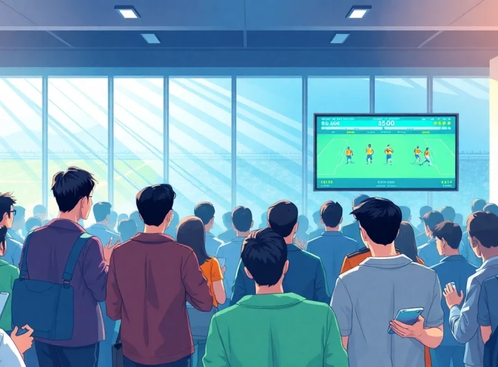 Focused patrons in a sports betting lounge studying tỷ lệ kèo, immersed in strategy.
