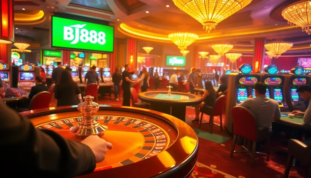 Experience the thrill of gambling with BJ88 as players engage in lively casino games filled with excitement and colorful chips.