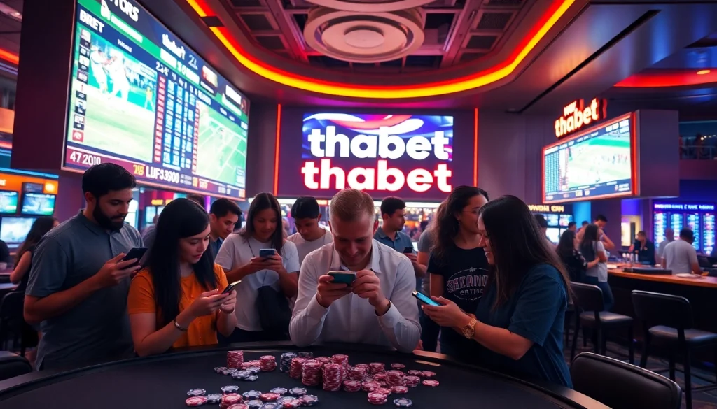 Bettors engaging with sports betting through thabet app in a lively casino.