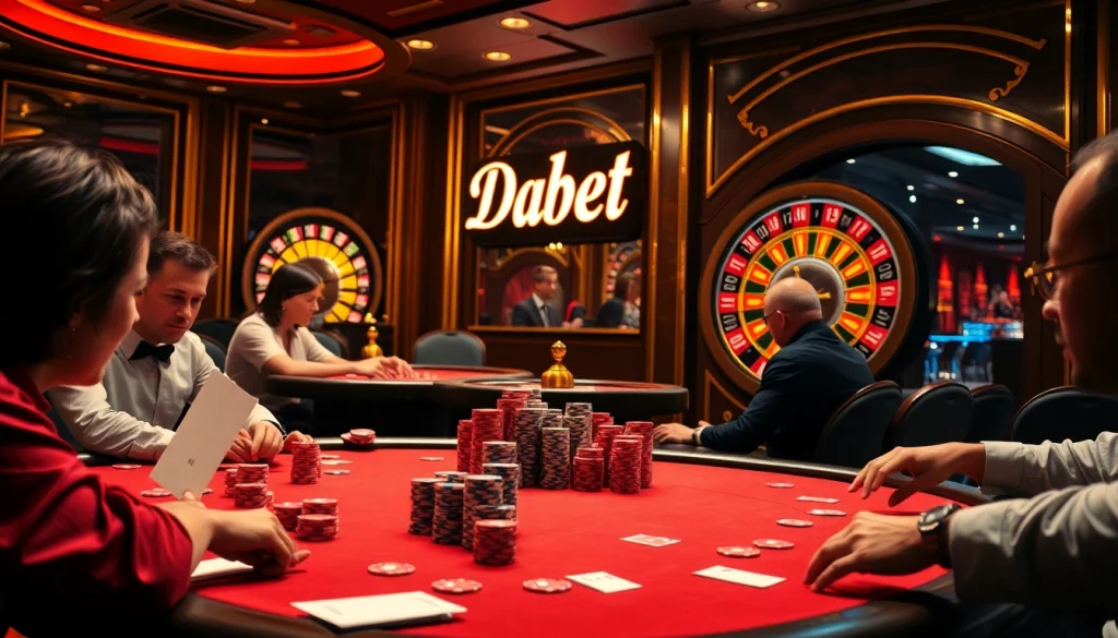 Dabet casino scene depicting an intense poker game with vibrant chips and a roulette wheel.