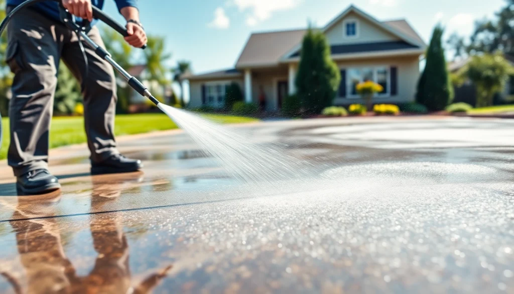 Professional technician performing pressure washing on a driveway, showcasing effective cleaning.
