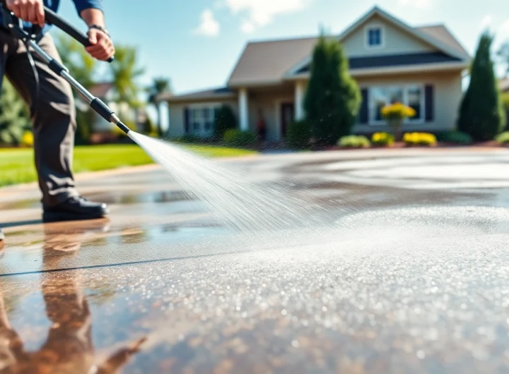 Professional technician performing pressure washing on a driveway, showcasing effective cleaning.