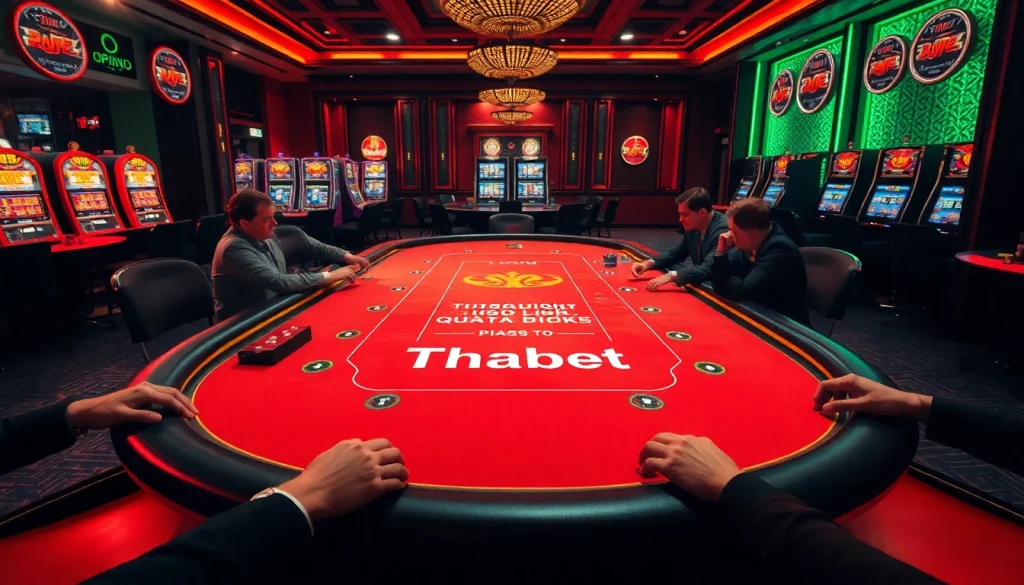 Thabet's luxurious poker table ambiance highlighting an intense game with premium poker chips and vibrant decor.