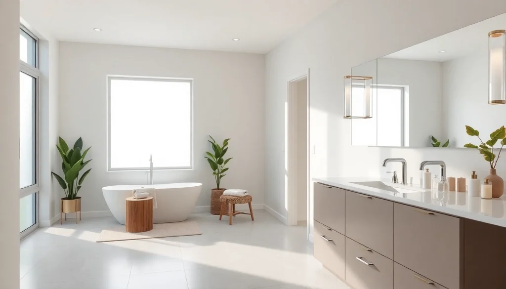 Bathroom remodeling contractor showcasing a stylish modern bathroom with freestanding tub and double vanity.