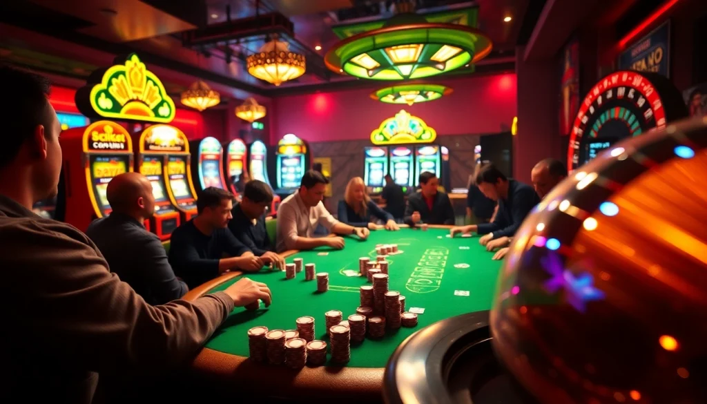 Engage with SBOBET's thrilling poker scene at a lively casino table, showcasing vibrant colors and friendly competition.