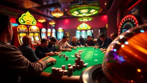 Engage with SBOBET's thrilling poker scene at a lively casino table, showcasing vibrant colors and friendly competition.