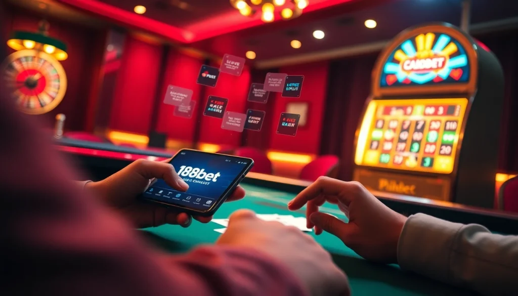 Engaging gamers using the 188bet app for exciting casino action on their mobile device amidst a lively casino atmosphere.