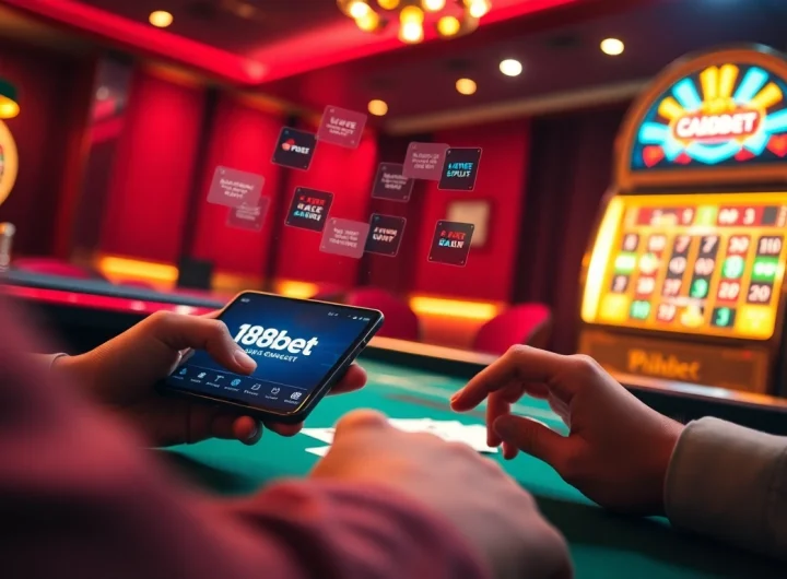 Engaging gamers using the 188bet app for exciting casino action on their mobile device amidst a lively casino atmosphere.