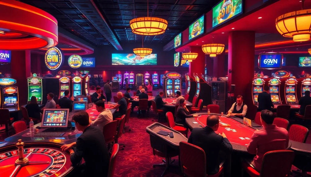 Exciting gameplay at 69VN casino featuring poker tables, roulette, and vibrant slot machines.