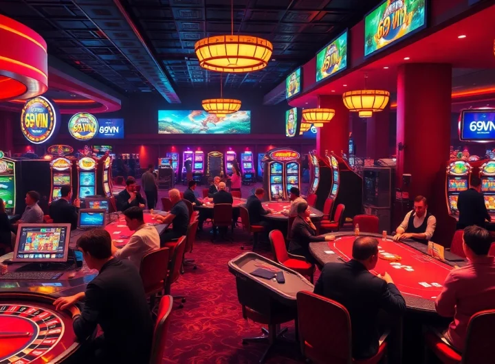 Exciting gameplay at 69VN casino featuring poker tables, roulette, and vibrant slot machines.