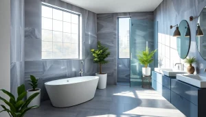 Stunning bathroom renovated by a bathroom remodeling contractor, featuring modern fixtures and natural lighting.