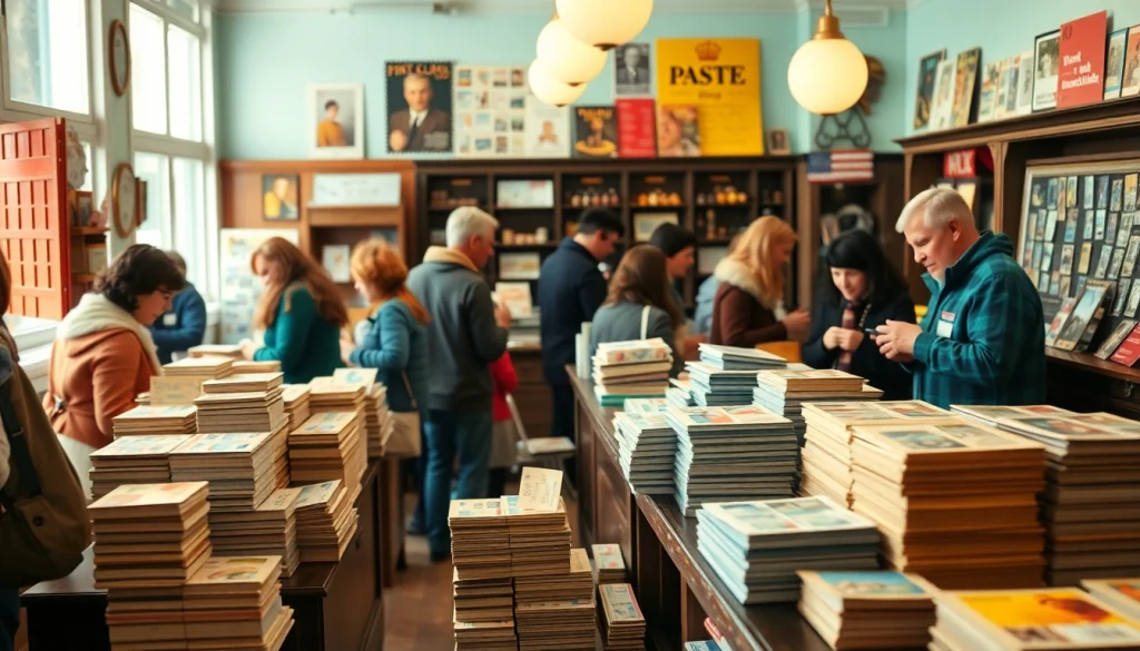 Explore colorful cheap first class stamps at a bustling post office scene with friendly staff and happy customers.