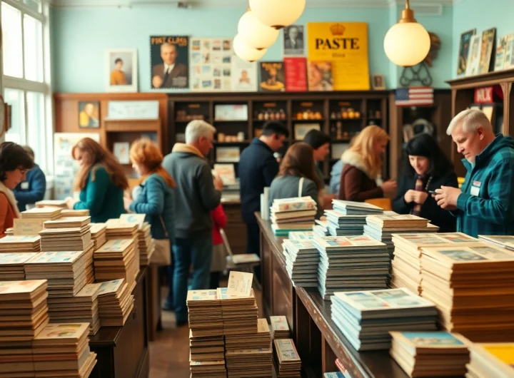 Explore colorful cheap first class stamps at a bustling post office scene with friendly staff and happy customers.