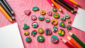 Showcase creative custom enamel pins with vibrant designs on a wooden display.