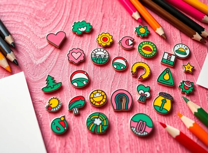 Showcase creative custom enamel pins with vibrant designs on a wooden display.